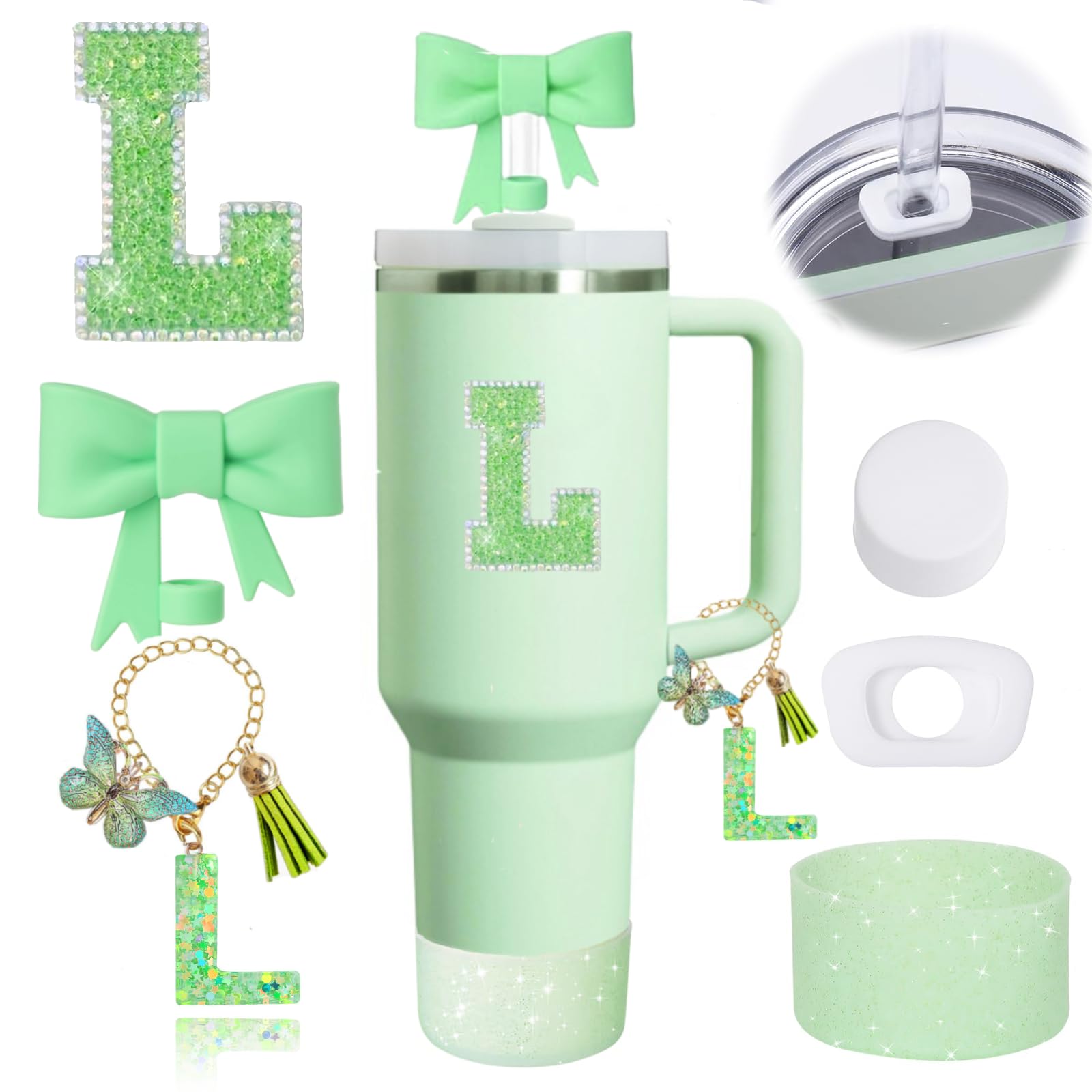 6PCS Green Stanley Cup Accessories Set for Stanley Cup 30 40oz Tumbler with Handle, Including Silicone Bow Straw Covers Cap, Spill Proof Stopper,