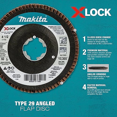 Makita T-03903 X-Lock 4‑1/2" 60 Grit Type 29 Angled Grinding and Polishing Flap Disc for X-Lock and All 7/8" Arbor Grinders - image 3