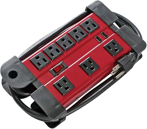 Cable y cable Apollo, tira de alimentación de metal, rojo, 6 pies 143 SJT, 2 puertos USB - 5 V, 2.4 A compartido, 8 tomas de tierra, rojo, perfecto