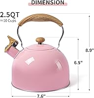 Vista 7 de LONFFERY Tea Kettle, 2.5 Quart Whistling Tea Kettle, Tea Pots for Stove Top Food Grade Stainless Steel with Wood Pattern Folding Handle - Pink