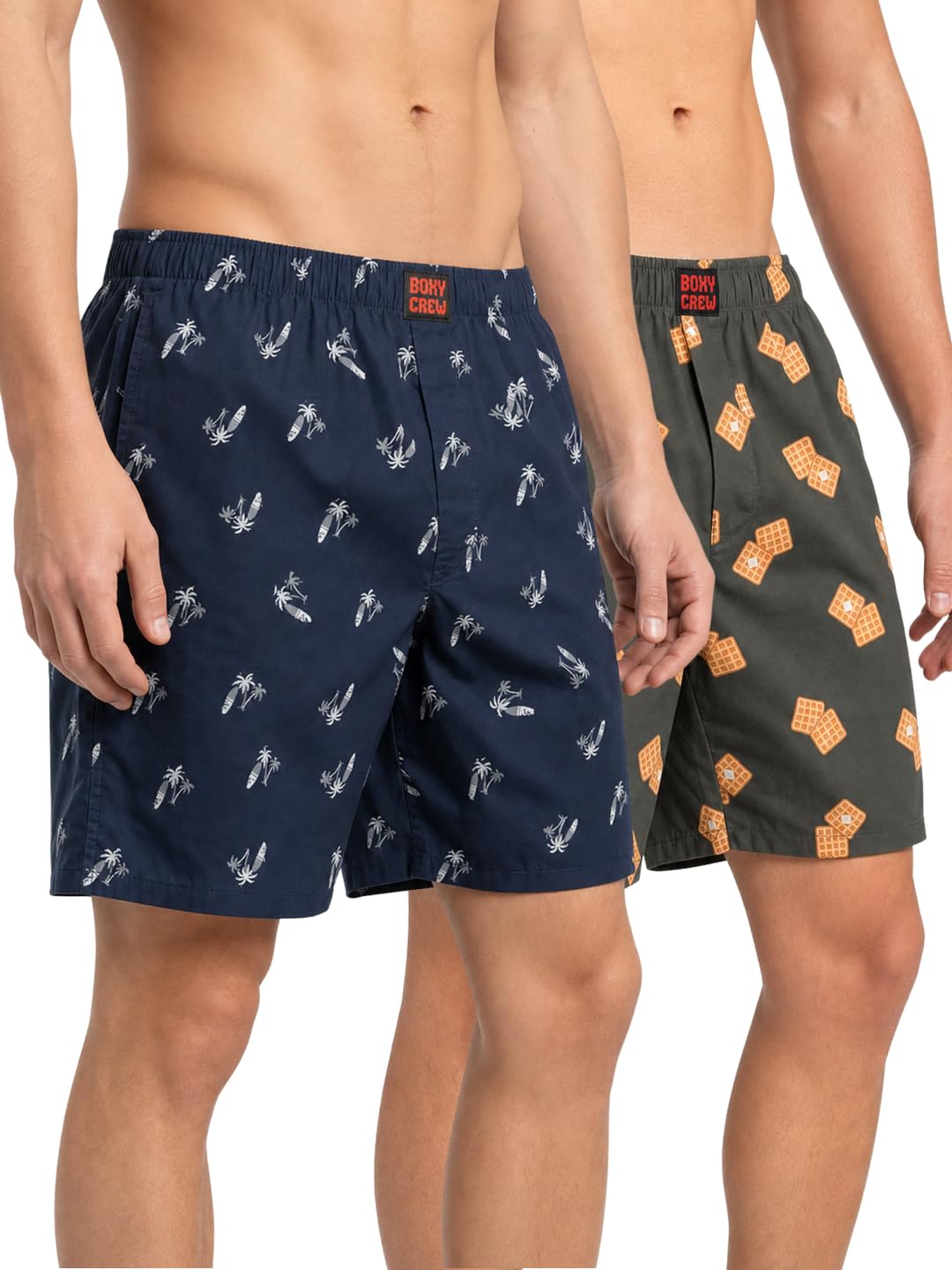 boxy crew Men's 100% Cotton Printed Boxer Shorts Pack of 2 with Dual Side Pockets and Fabric-Covered Waistband - Navy Blue/Brown, Styles MBX025, MBX030-picture-22