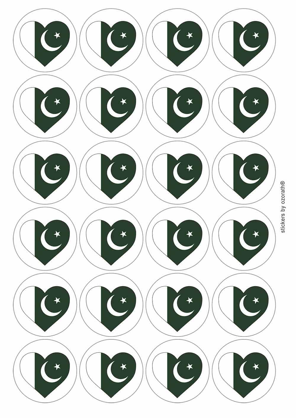 Pakistan Pakistani Flag Heart Circular Matt Paper Stickers A4 Sheet of 24 (Each Sticker is 45mm Diameter)