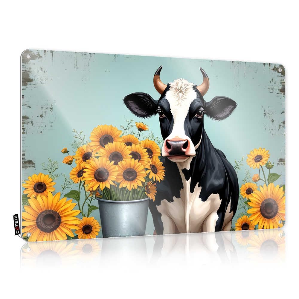 Fzfn Colour Black And White Cow With Sunflowers Decoration Backyard Accessories | Inappropriate Custom Decorative Wall Art(30X40cm)