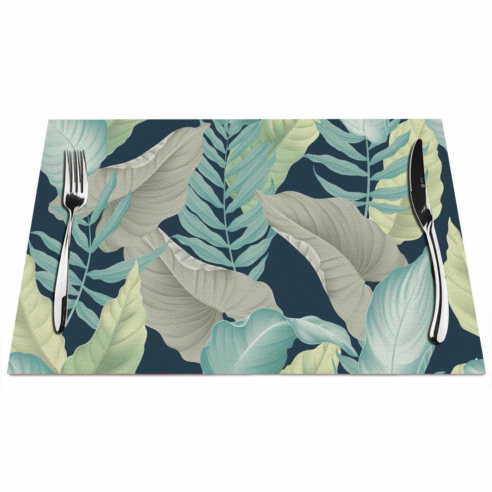 Walmsco Placemats Yellow Green Palm Leaves Elegant Style Decor For Dining Room Kitchen Table,Waterproof Non-Slip Washable Heat Resistant Placemats,Set of 4,12"x18"