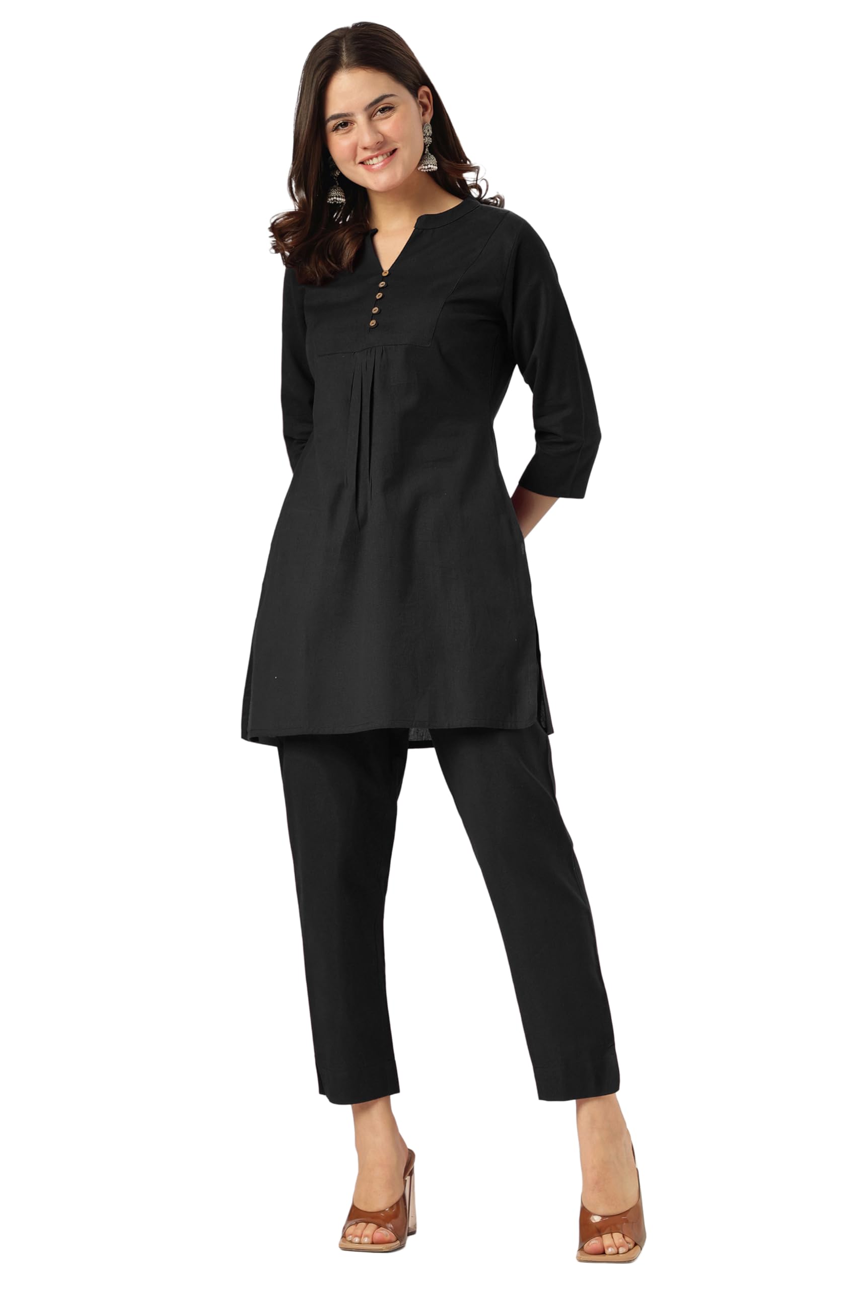 janasya Women's Black Linen Cotton Solid A-line Co-ord Set-picture-48