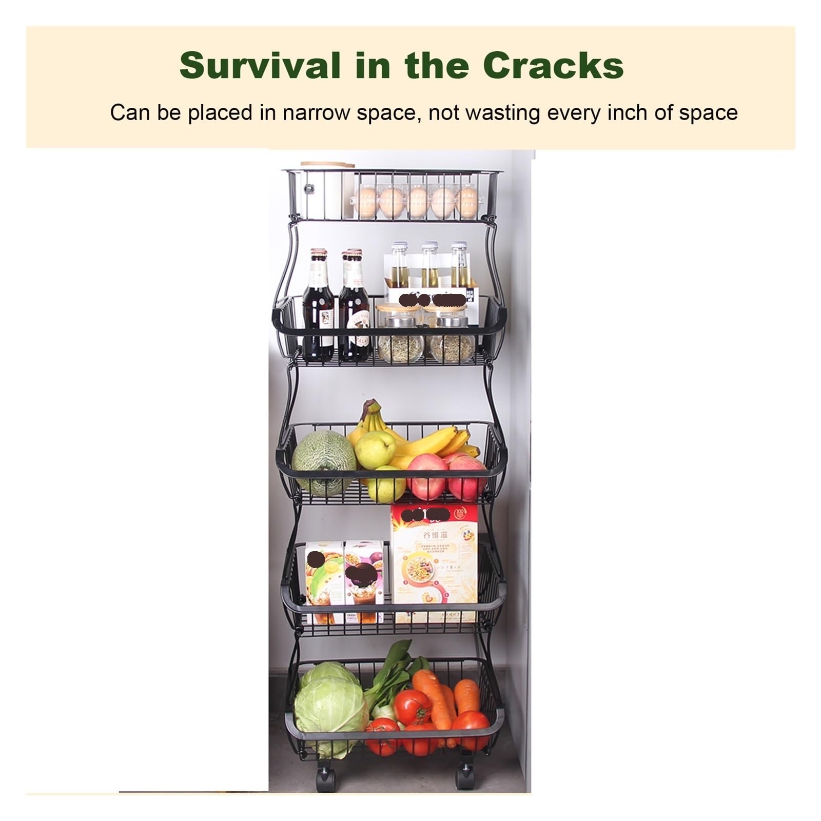 Estante para almacenar bocadillos, cesta para frutas y verduras de 5 niveles para cocina, organizador de alambre de metal apilable, soporte para bocadillos de dulces con ruedas, carrito organizador