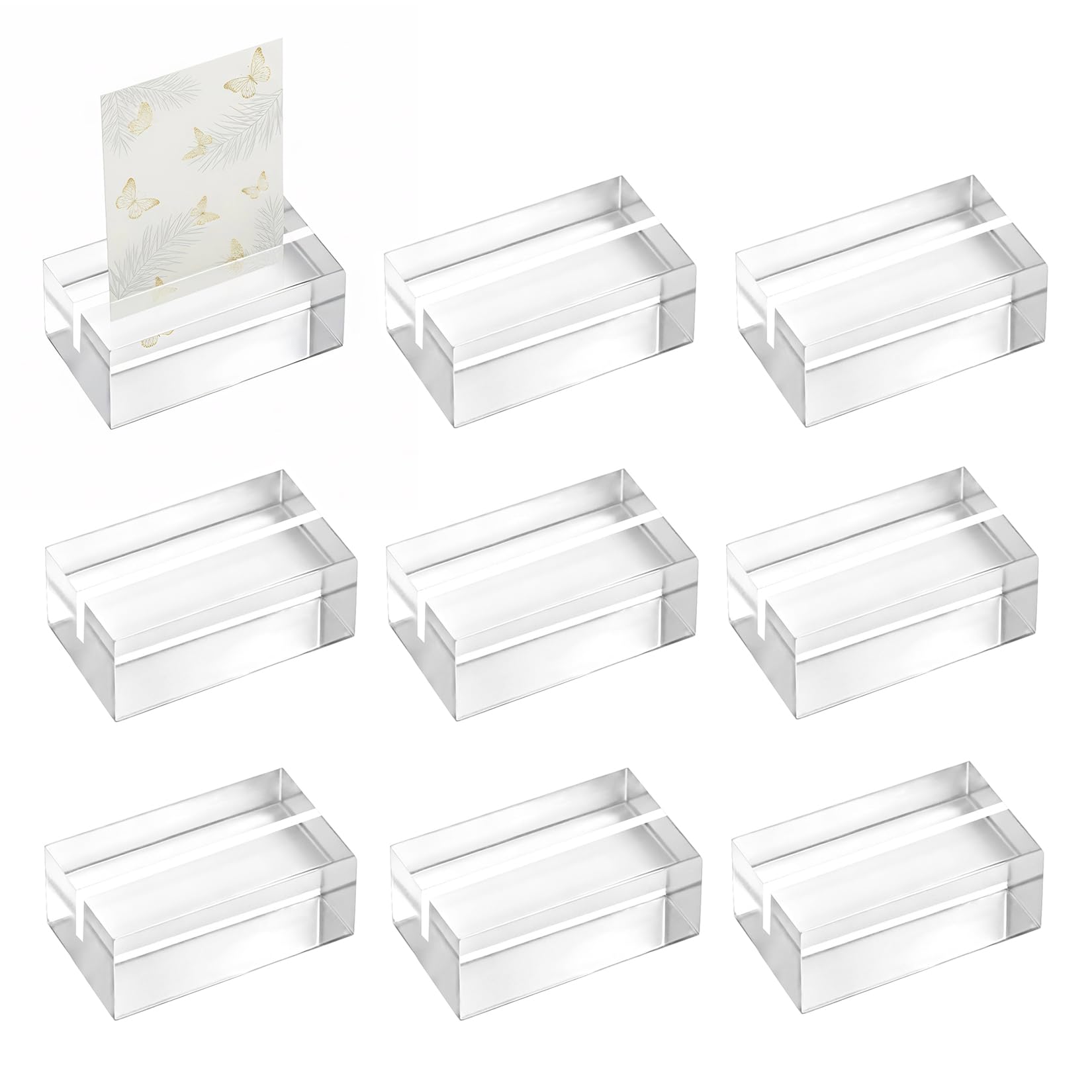 qxayxa 9 Pcs Acrylic Sign Holders, 5x3x2cm Card Stands, Clear Acrylic Place Card Holders, Table Sign Display Stand, Small Table Number Holders for Weddings Party Menu Sign Picture Display
