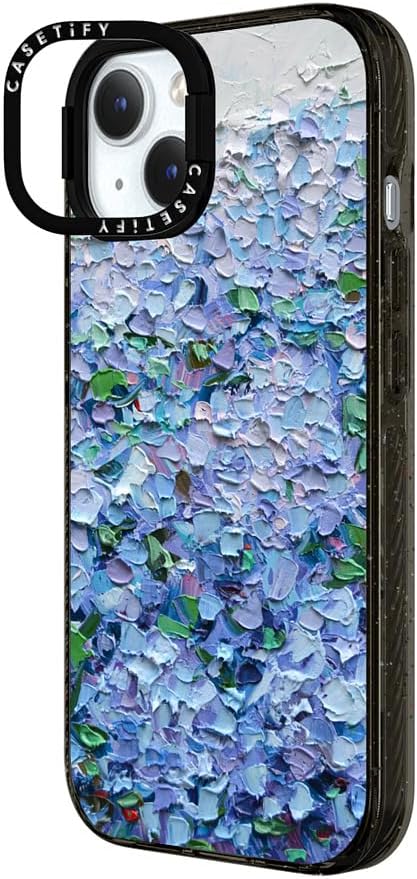 CASETiFY Impact Ring Stand Case for iPhone 15 [3X Military Grade Drop Tested / 6.6ft Drop Protection/Compatible with Magsafe] - Nantucket Blue Hydrangeas - Clear Black