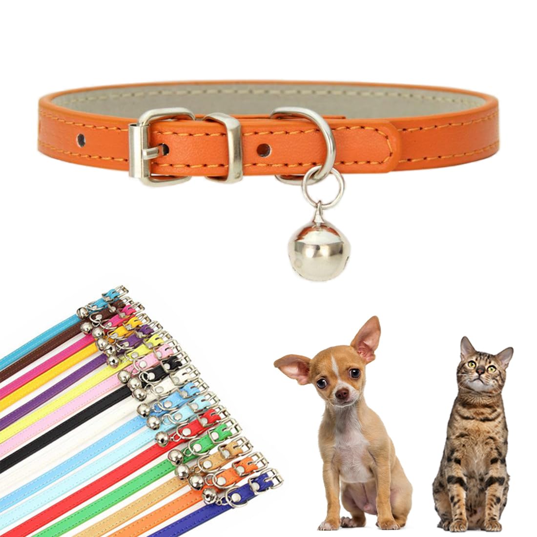Orange Puppy Collar with Bell, Soft Pu Leather Kitten Dog Collars Adjustable Buckle for XXS XS Extra Small Medium Tiny Female Male Boys Girls Pets Small Cats Teacup Yorkie X-Small