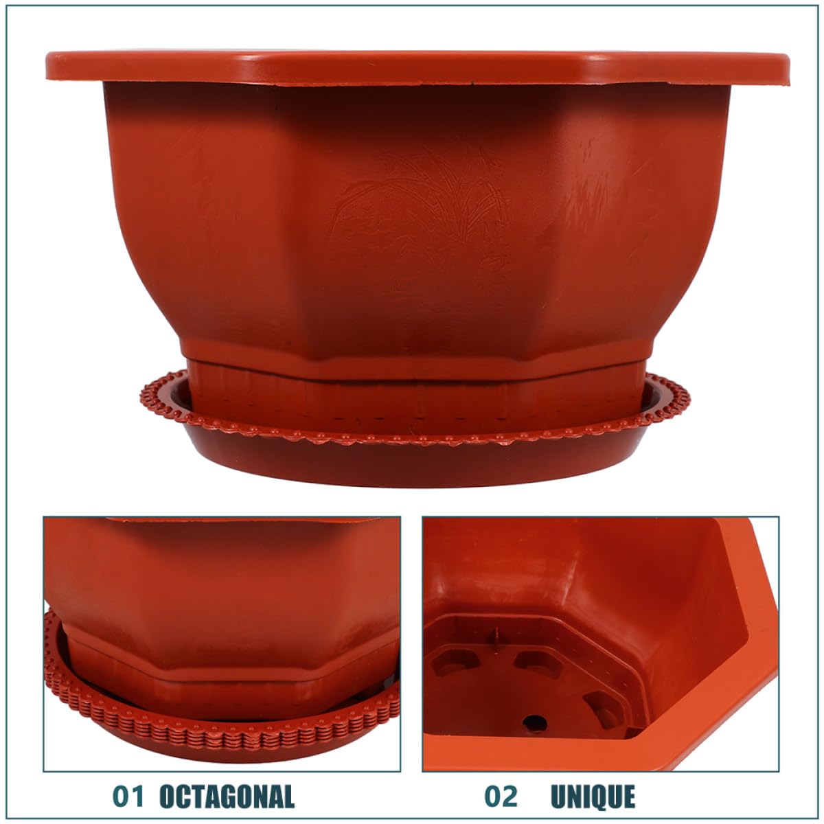 Housoutil Lot de 5 Jardinières Octogonales Rouges Épaisses Drainage Pots de Fleurs pour Plantes Grasses et Cactus Pots en Plastique pour Jardin D'intérieur et Balcon et Réutilisables