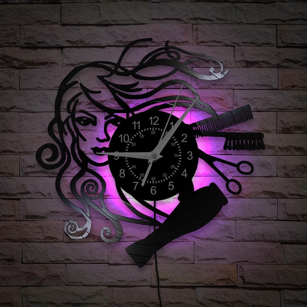 Hair Salon Wall Clock, 7 Kinds of LED Color 12 Inch Hairstyle Beauty Salon Clock, Silent Non Ticking Modern Decorative Night Light Vinyl Record Wall Clock Watch for Hairdresser Gifts
