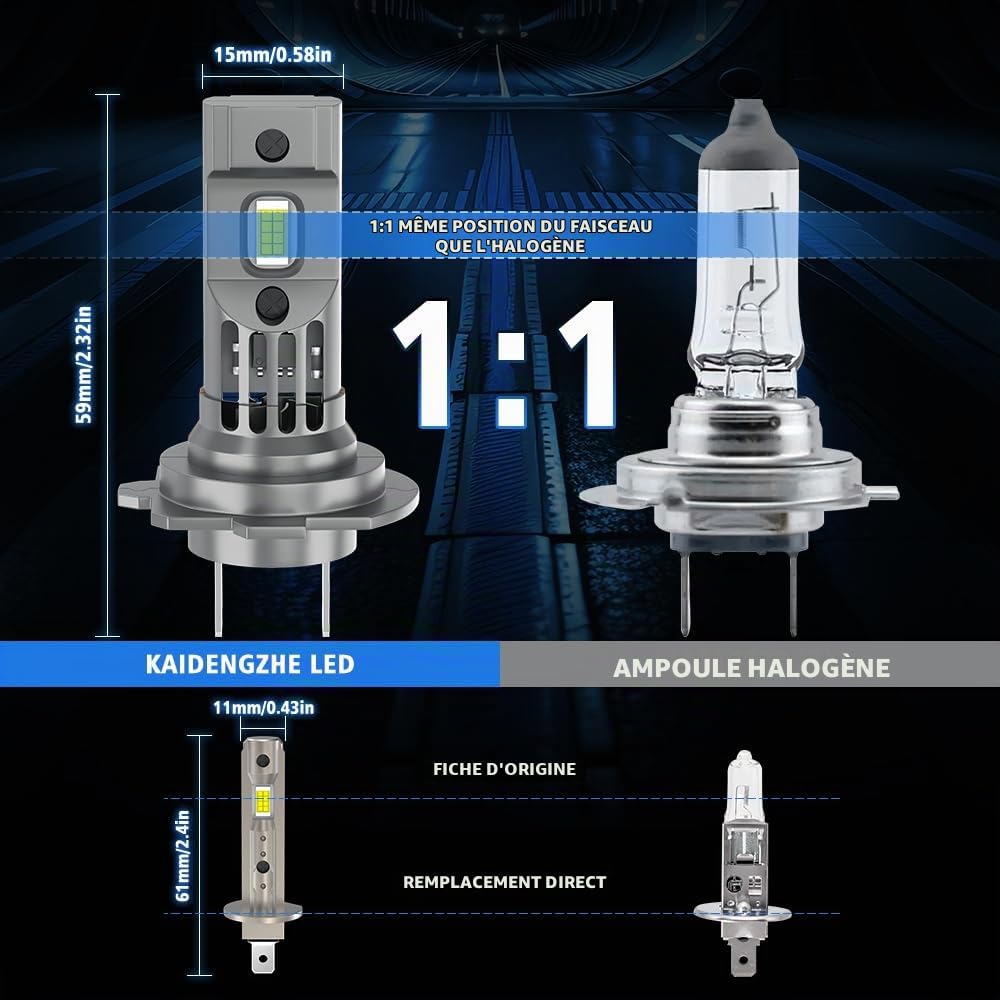 H1+ H7 LED Ampoule de Phare, 1:1 Taille Mini H1 LED Ampoule Sans Polarité Plug and Play H7 LED Phare Sans Fil 90W 18000lm 600% Plus Lumineux Faisceau Haut/Bas Remplacement Halogène-2PCS