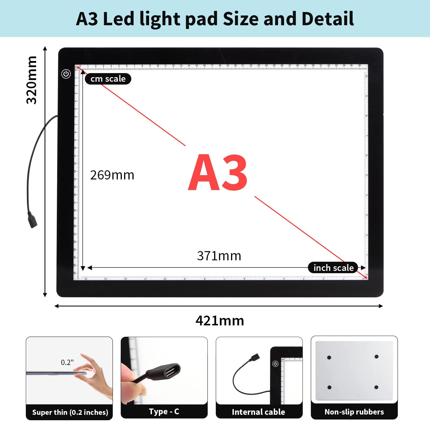 Zocelight Podkładka świetlna A3 do zestawu do malowania diamentami, 4800 luksów, super jasna, 5 mm, ultra cienka diamentowa tablica świetlna ze stojakiem i klipsem, 3 poziomy ściemniania, skrzynka