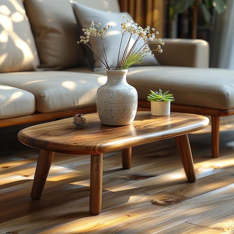 Image of Sheesham Wood Coffee Table | Modern Low Floor Center Table for Living Room, Lounge & Bedroom | Solid Wooden Tea Table with Rounded Edge Design | Light Brown