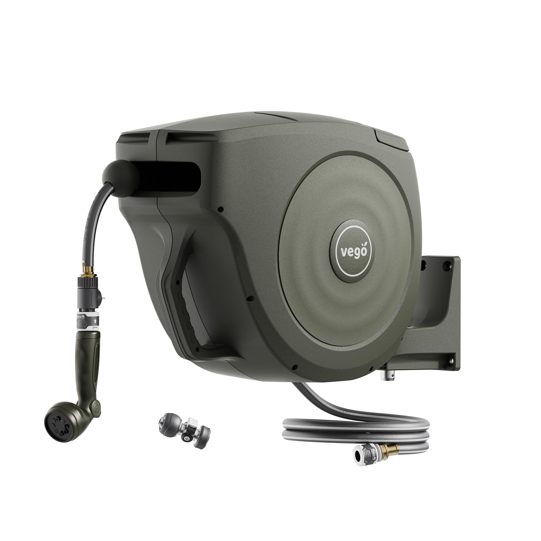 Vego Carrete de manguera de jardín retráctil de 1/2 pulgada x 100 pies, carrete de manguera montado en la pared, rebobinado automático, bloqueo de cualquier longitud con boquilla pulverizadora de 9