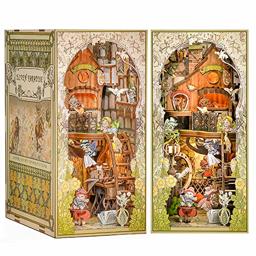 CUTEBEE DIY Book Nook Kit, DIY Dollhouse Booknook Bookshelf Insert Decor Alley, Bookends Model Build-Creativity Kit with LED Light(Elven Paradise)
