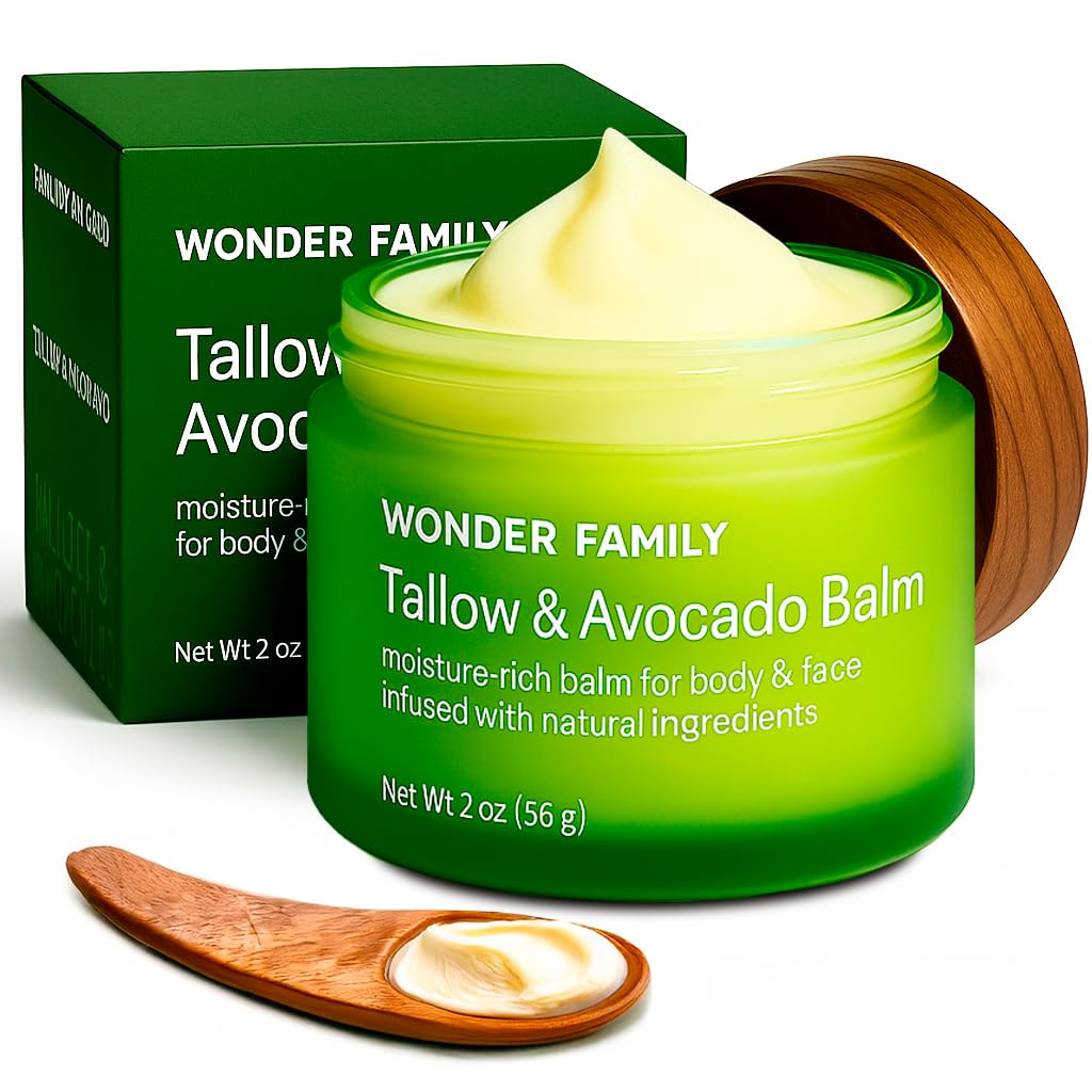 WONDER FAMILY Grass Fed Beef Tallow for Skin and Face with Avocado Oil - Dry Skin Moisturizer for Men & Women - Beef Tallow Balm for Face, 1 Wooden Spatula & Bag