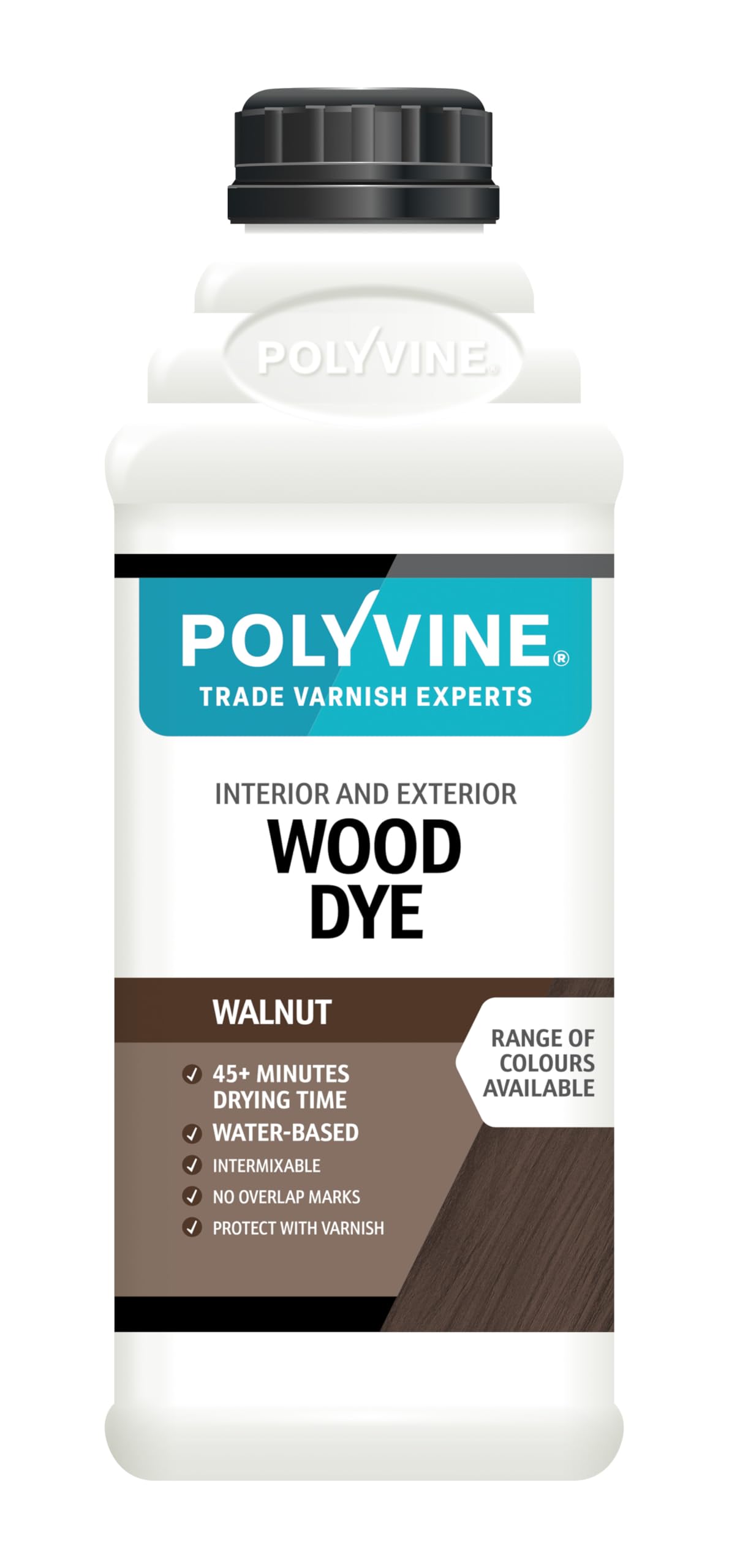Polyvine Wood Dye – Interior Exterior Wood Colour Restorer – Quick Drying, Water Based Intermixable Woodwork Sealer Any Colour for Furniture, MDF, Ply, Hardwood, Softwood - Walnut, 1 L
