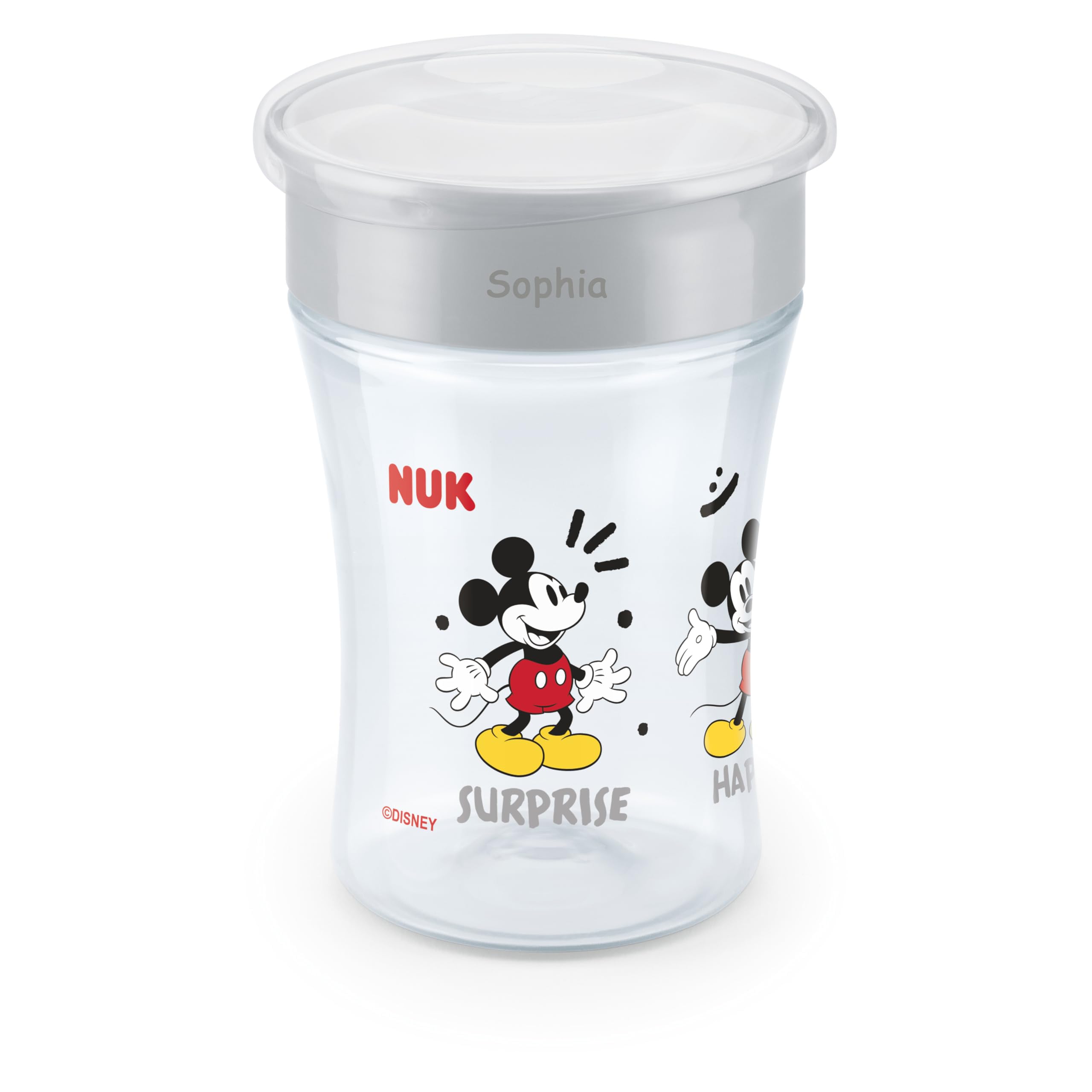 NUK Magic Cup Trinklernbecher mit persönlicher Gravur, auslaufsicherer 360°-Trinkrand, ab 8 Monaten, 230ml, Disney Mickey Mouse (grau)