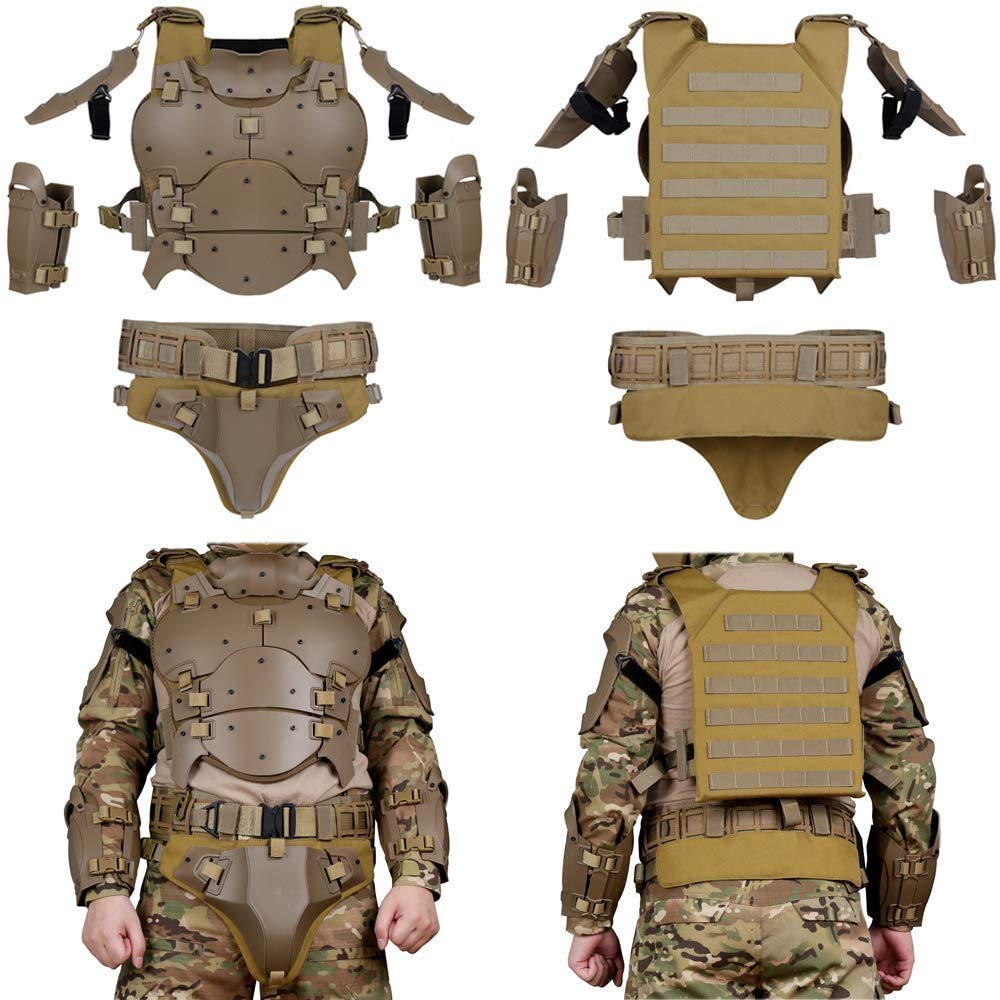 N/W Juego de Armadura táctica Airsoft, Protector de Pecho táctico Ajustable Molle, cinturón de Combate de protección de Codo Ajustable, Traje de película CS