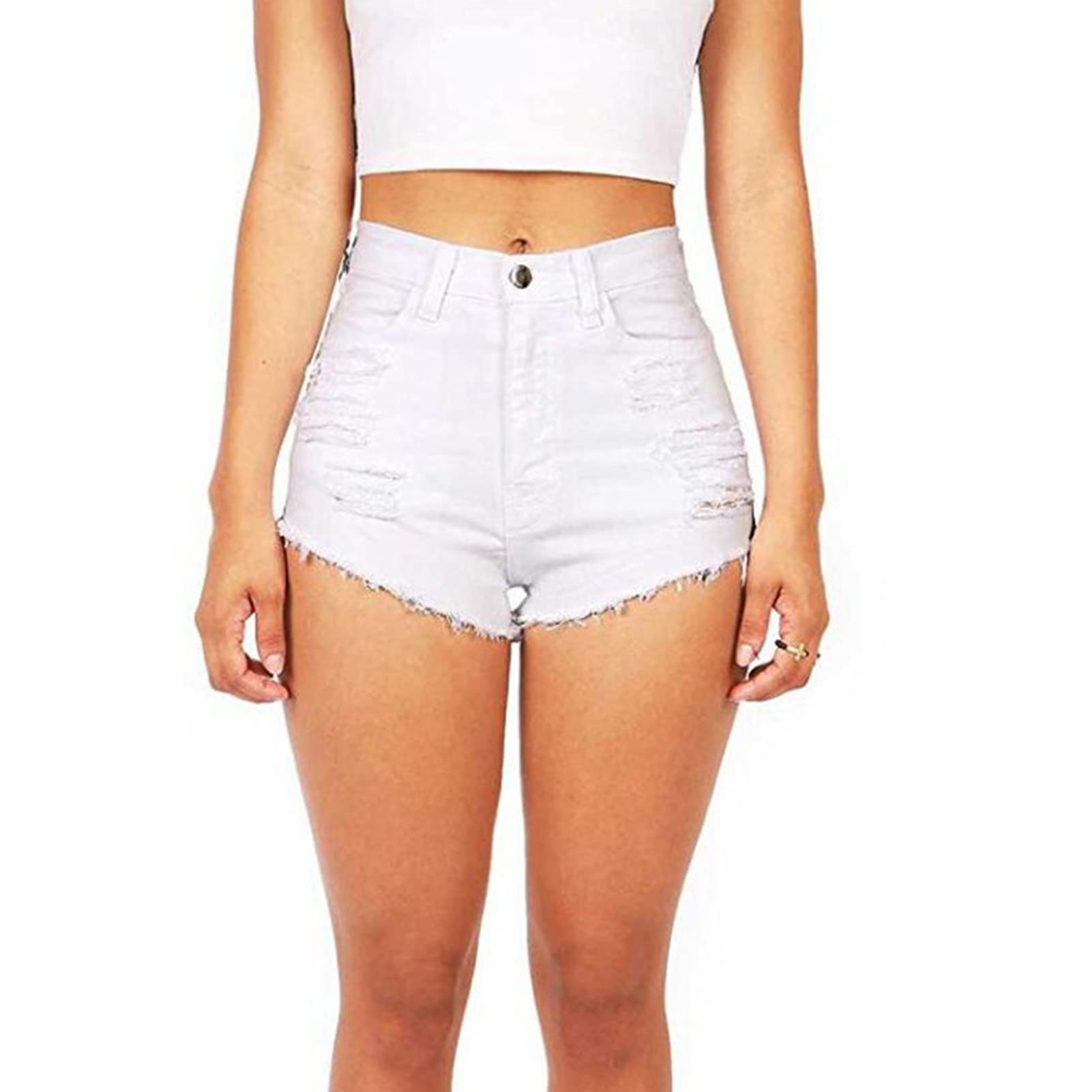 Cut Off Denim Shorts for Women Comfy Stretchy Denim Shorts High Waist Sexy Frayed Hem Denim Shorts Hot Pants (Small,White)