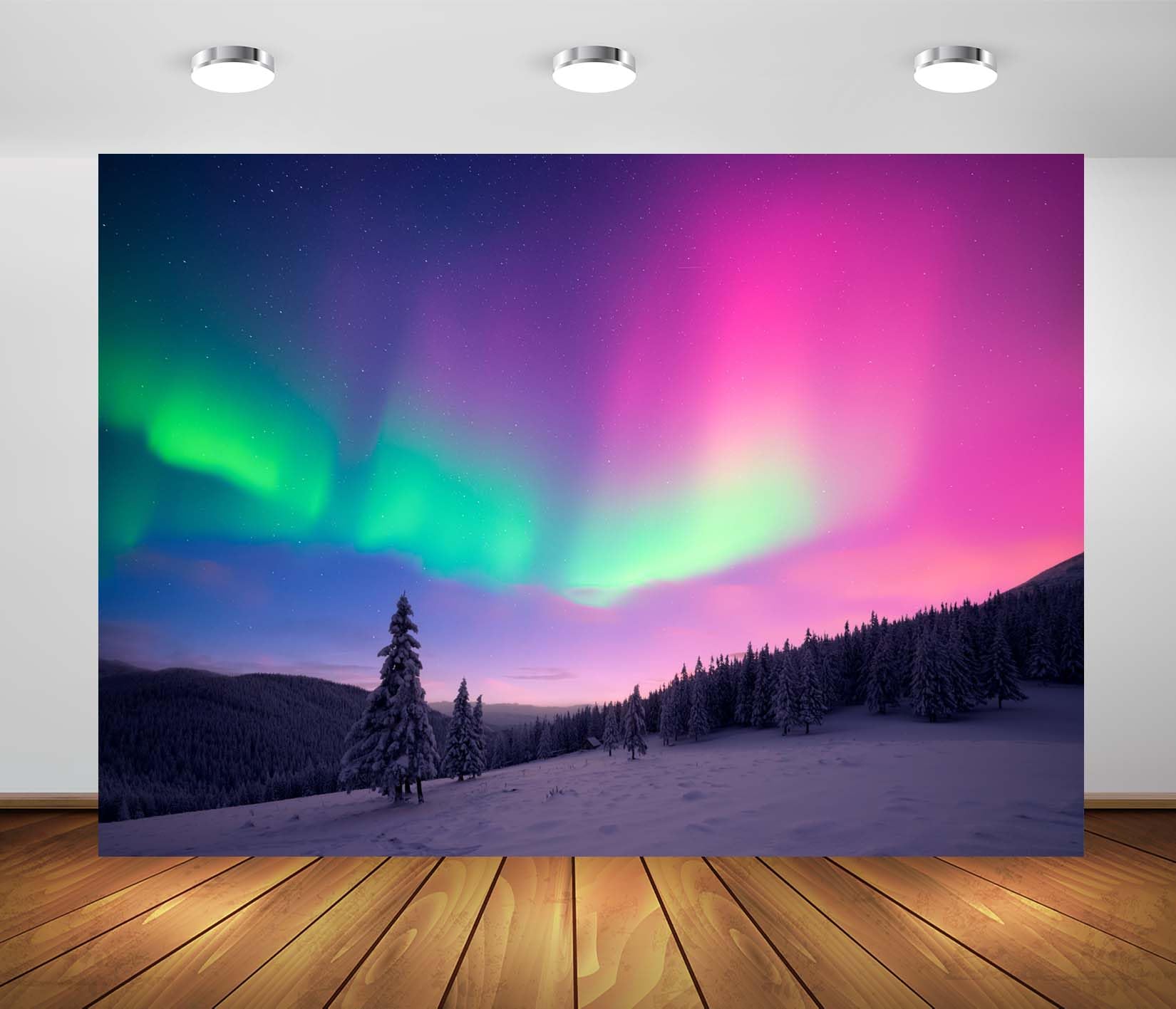 Stoff 3,6x3m (12x10FT) Rosa Grüne Aurora Schneefeld Fotohintergrund Einzelne Kiefer Winternachthimmel Kulisse für Feiertag Party Porträt Familie Erwachsene