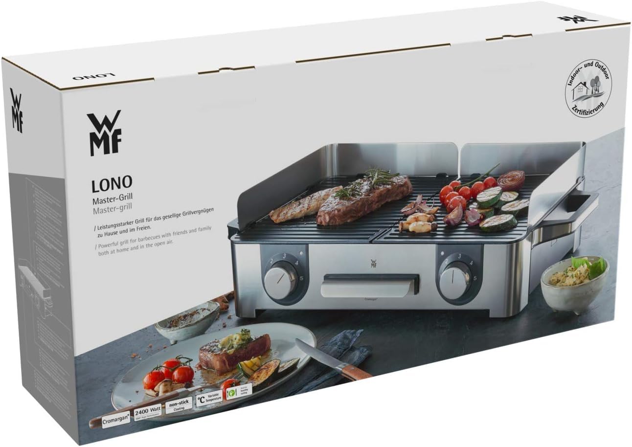 WMF Lono Master-Grill Elektrogrill 2400W 50x28 cm Edelstahl matt Tischgrill mit Windschutz
