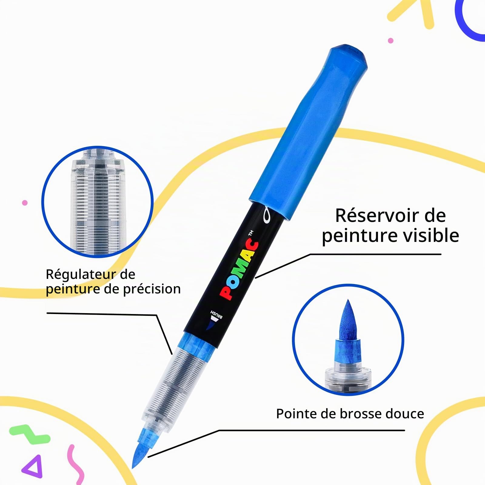 POMAC 60 couleurs Marqueurs de peinture acrylique, stylos à peinture acrylique à base d'eau avec pointe de brosse, stylos de peinture liquide pour art, dessin, tissu, toile, roche, verre, bois, papier