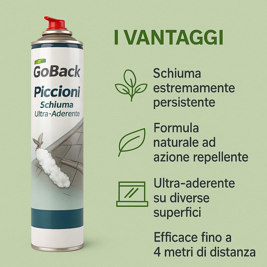 Repellente allontana Piccioni Schiuma Ultra-Aderente, Spray Disabituante con Eucalipto, Barriera Olfattiva per Balconi e Tetti, Gittata 4 Metri, 750ml
