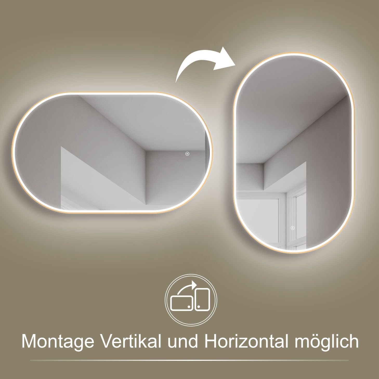 HOKO® Lustro ścienne owalne 45 x 75 cm / 75 x 45 cm Alicante z energooszczędnym oświetleniem LED i metalową ramką złota. Przełącznik dotykowy, LED bezstopniowa zmiana 2700-6500 K ciepła biel zimna