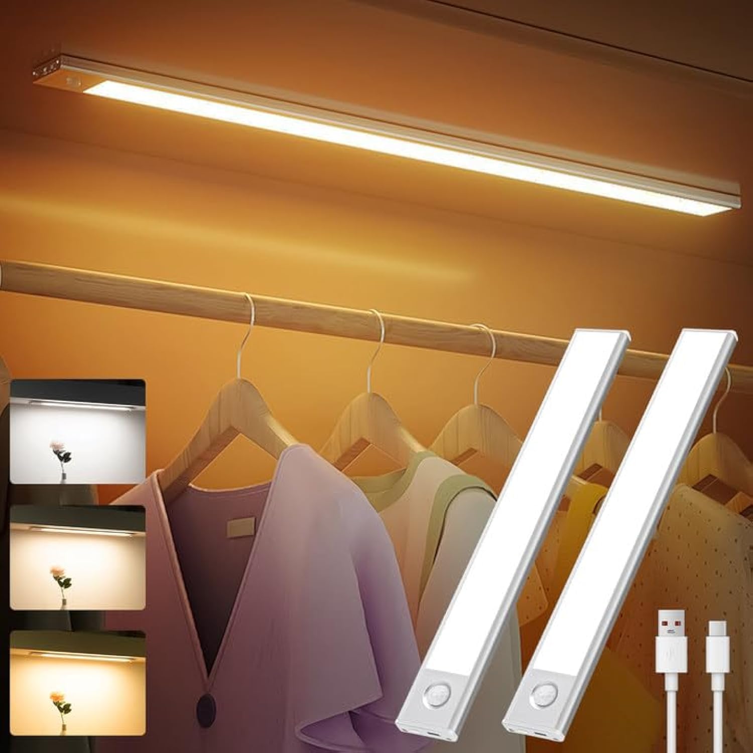 Necomi Under Cabinet Light,2 Pack 3 Colors Motion Sensor Light 2500mAh Rechargeable Wireless Closet light,Dimmable Night Lights for Bedroom,Closet,Kitchen,Hallway, Cupboard Light,40CM
