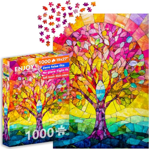 Puzzle 1000 pièces pour Adultes - Arbre de Cristal Arc-en-Ciel en vitrail | Finition Mate antireflet | Puzzle Amusant et exigeant | 68 x 48 cm | Cadeau Original | Enjoy