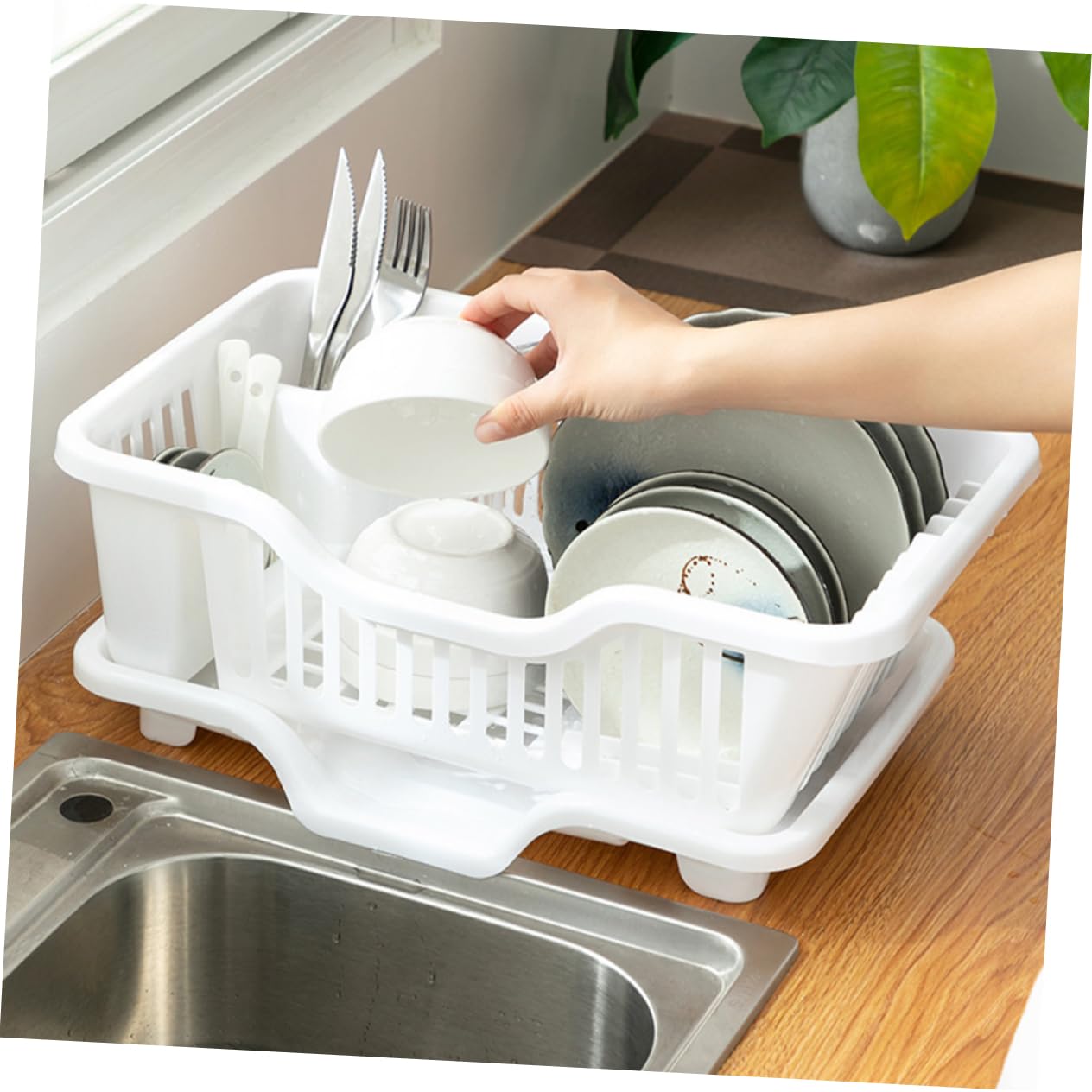 Luxshiny Escurridor De Platos y Utensilios De Cocina Rack De Secado Drenaje Automático Organizador Multifuncional Para Platos Tazas y Cubiertos