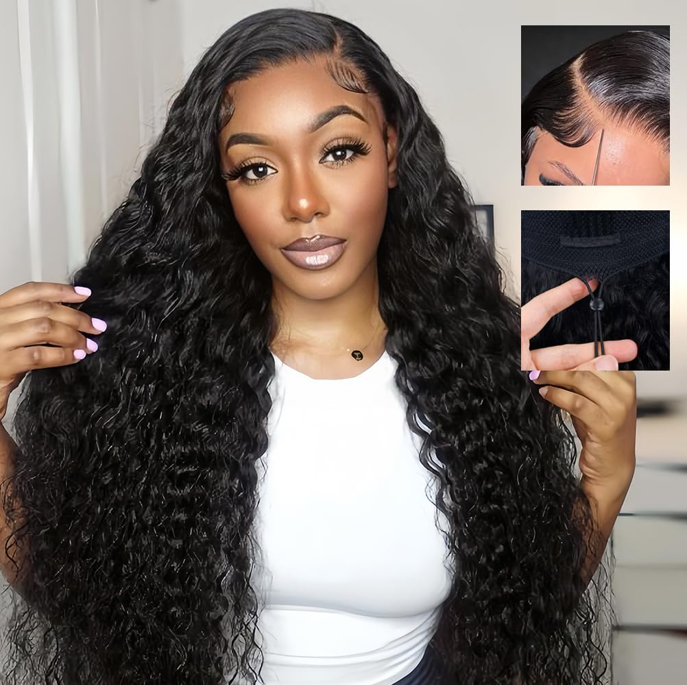 Goulus 7x6 Deep Wave Glueless Wigs Human Hair Pre Plucked Pre Cut 250% Density Drawstring Wig Human Hair Wear and Go Glueless Wigs for Black Women