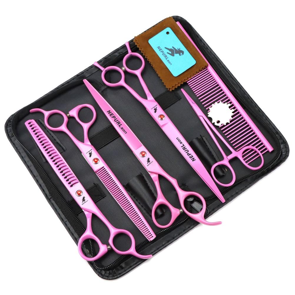 Pet Grooming Scissors Set Pink – 8.0in Straight and Curved Shears, 7.5in Thinning and Chunking Shears, Stainless Steel Sharp Blades with Comb and Storage Case for Dogs and Cats