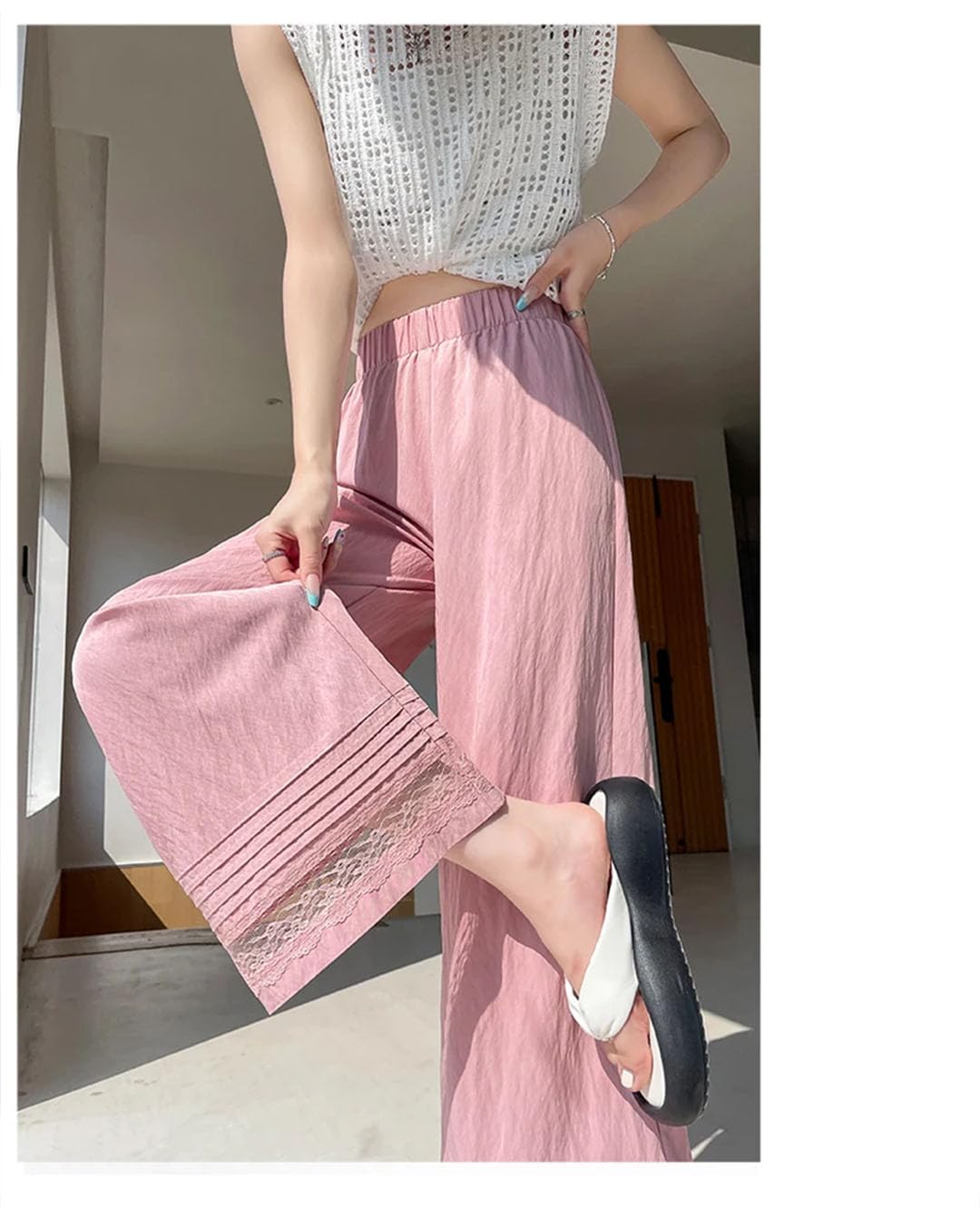 Pantaloni da donna a nove punti a gamba larga con cuciture in pizzo pantaloni eleganti larghi dritti a vita alta