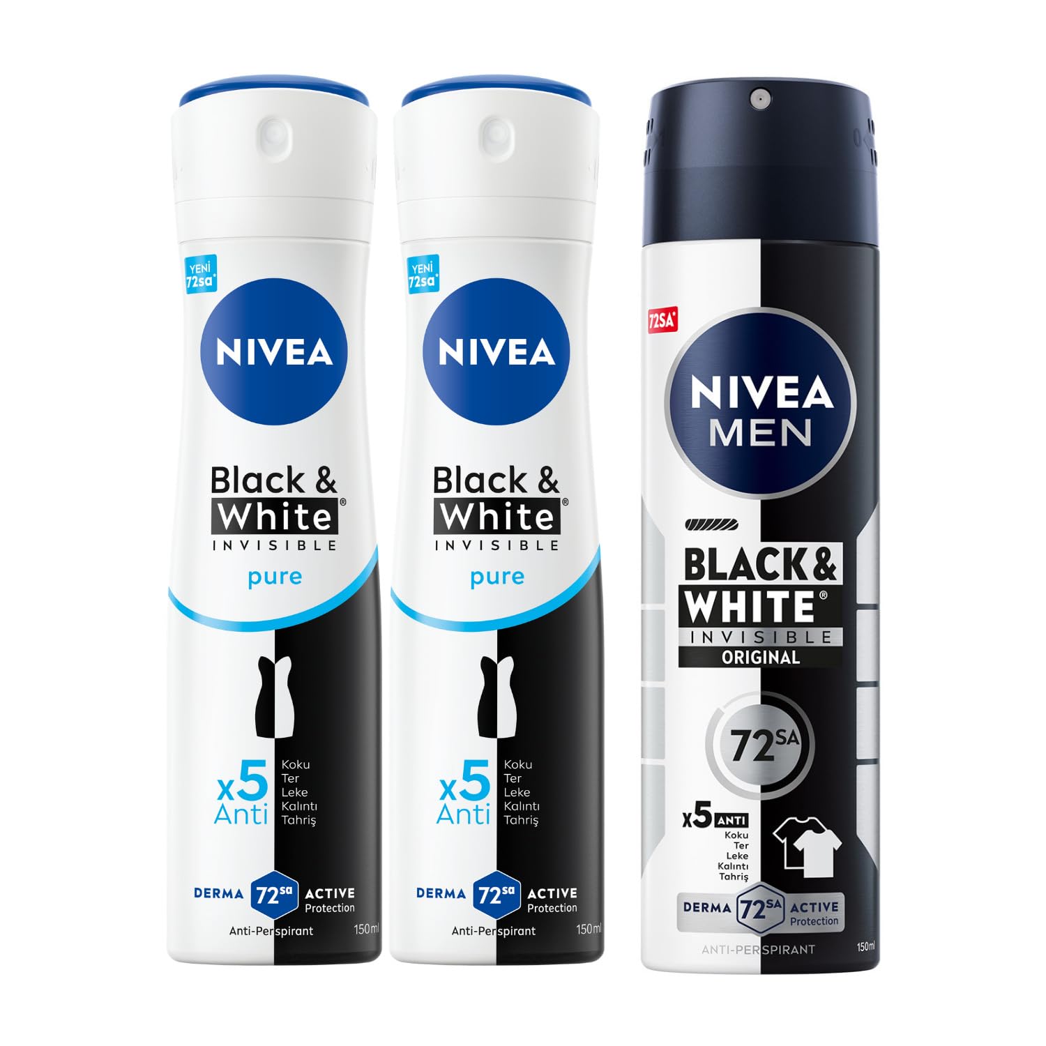 NIVEA Men Erkek Sprey Deodorant Black & White Invisible Original 150 ml + NIVEA Kadın Sprey Deodorant Black&White Invisible Pure 150 ml X2