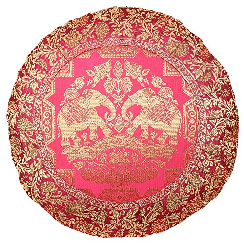 Stylo Culture Ethnic Floor Cushion Seating Round Pleated Jacquard Pillow Cover Pink 17X17 Inch Bohemian Decorative Decor Seating Tuffet Seat Pouf Cover Footstool Brocade Elephant 1 Pc #TOP1