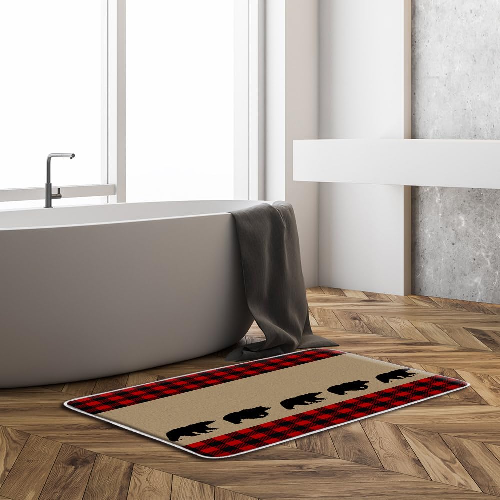 ZKJSMGS Black Bear Plaid Bath Rug Rustic Red Black Buffalo Check Cabin Wildlife Bear Vintage Farmhouse Brown Bath Mat for Bathroom Kitchen,18x30 Inch
