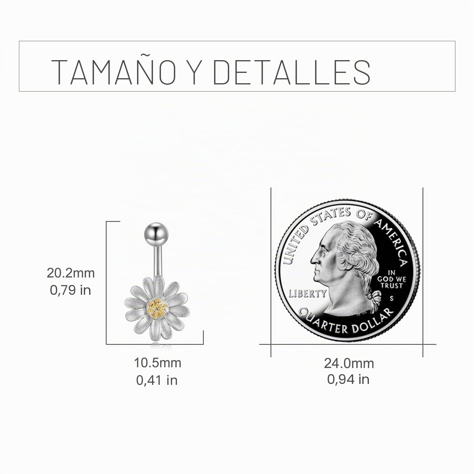 YFN Piercing de ombligo de plata de ley 925 con diseño de girasol para mujer, hipoalergénico, sin níquel, elegante diseño de girasoles, 10, Plata de ley, Circonita cúbica