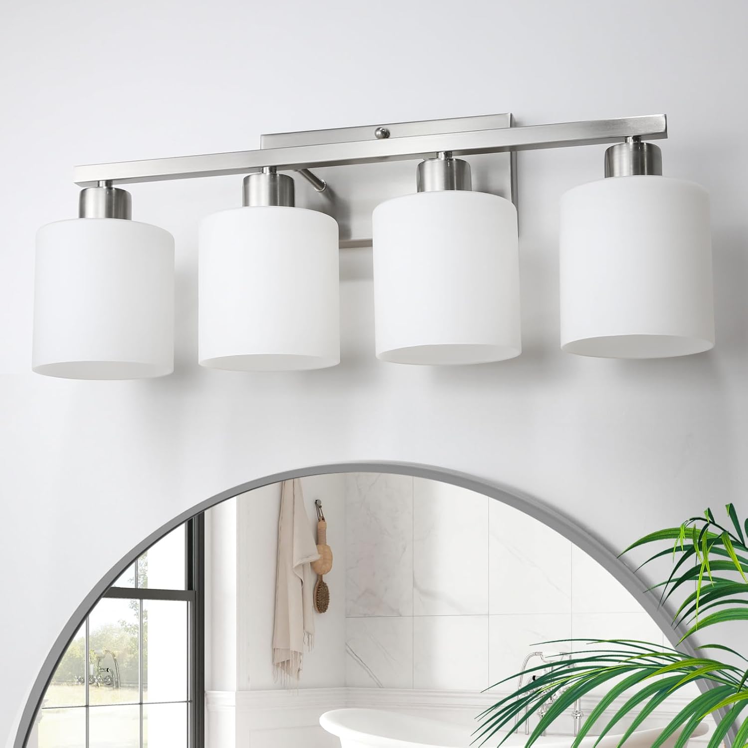 CANMEIJIA 4-Light Bathroom Vanity Light Fixtures with Brushed Nickel, Modern Vanity Lighting for Bedroom Living Room, Vanity Lights with Milky White Glass Shades, E26 Socket, Bulbs Not Included 4 Light-Brushed Nickel