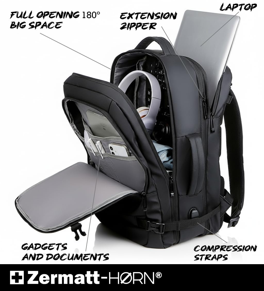 + ZERMATT-HORN plecak podróżny próżniowy, rozsuwany 25 l do 30 l, laptop 15-17", plecak na bagaż podręczny 40 x 30 x 20 kabinę do lotu z kabiną Ryanair, Vueling, Easyjet, plecak podróżny.