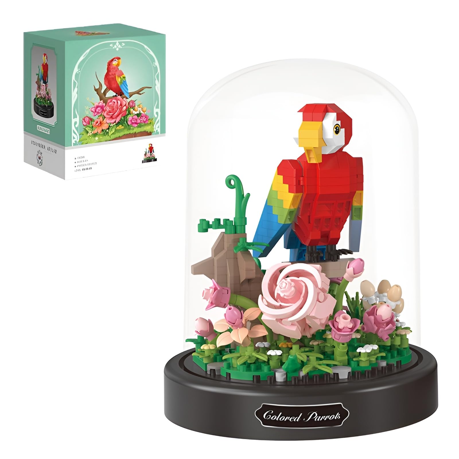 Parrot Building Blocks with Flowers - 660PCS Animal Bird Micro Building Set with Display Case, STEM Education Toys, Home Office Décor Model Kit, Birthday for Adult and Kid Ages 6+