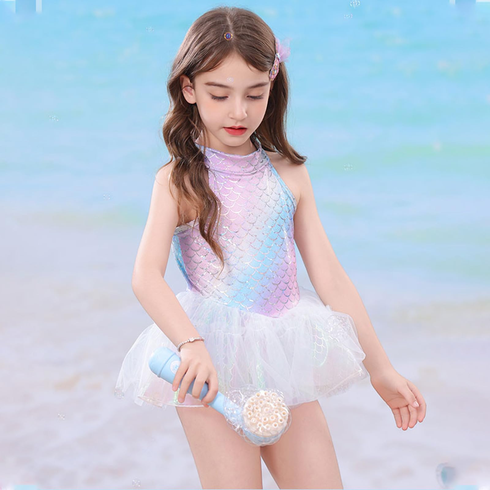 Bañador para niña con estampado de escamas, de dos piezas, con falda extraíble, ideal para niños pequeños, playa y fiestas en la piscina