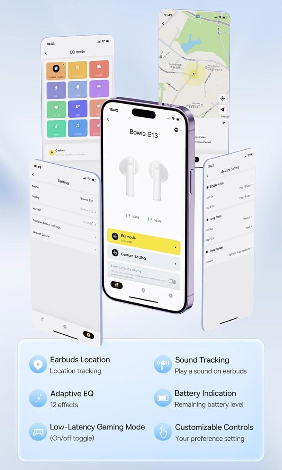 Screenshots of the Baseus app interface showing features like EQ mode, gesture settings, low-latency gaming mode, earbud location, sound tracking, adaptive EQ, battery indication, and customizable controls.