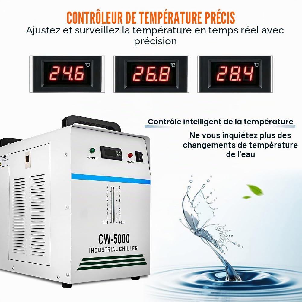 Refroidisseur d'eau Industriel Refroidissement CW5000 6L Refroidisseur d'eau Réfrigéré pour Machines de Gravure et de Découpe Laser CO2 80W/100W/130W Refroidit 5000 BTU/Heure(CW5000DG)