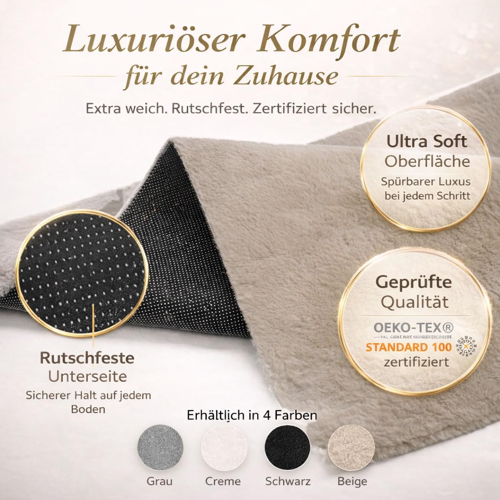 VIMODA Teppich Wohnzimmer Schlafzimmer, Kurzflor, flauschig weich, rutschfest/Anti-Rutsch, waschbar bis 30°C, Felloptik, für Fußbodenheizung geeignet,Farbe:Beige;Maße:200x280 cm