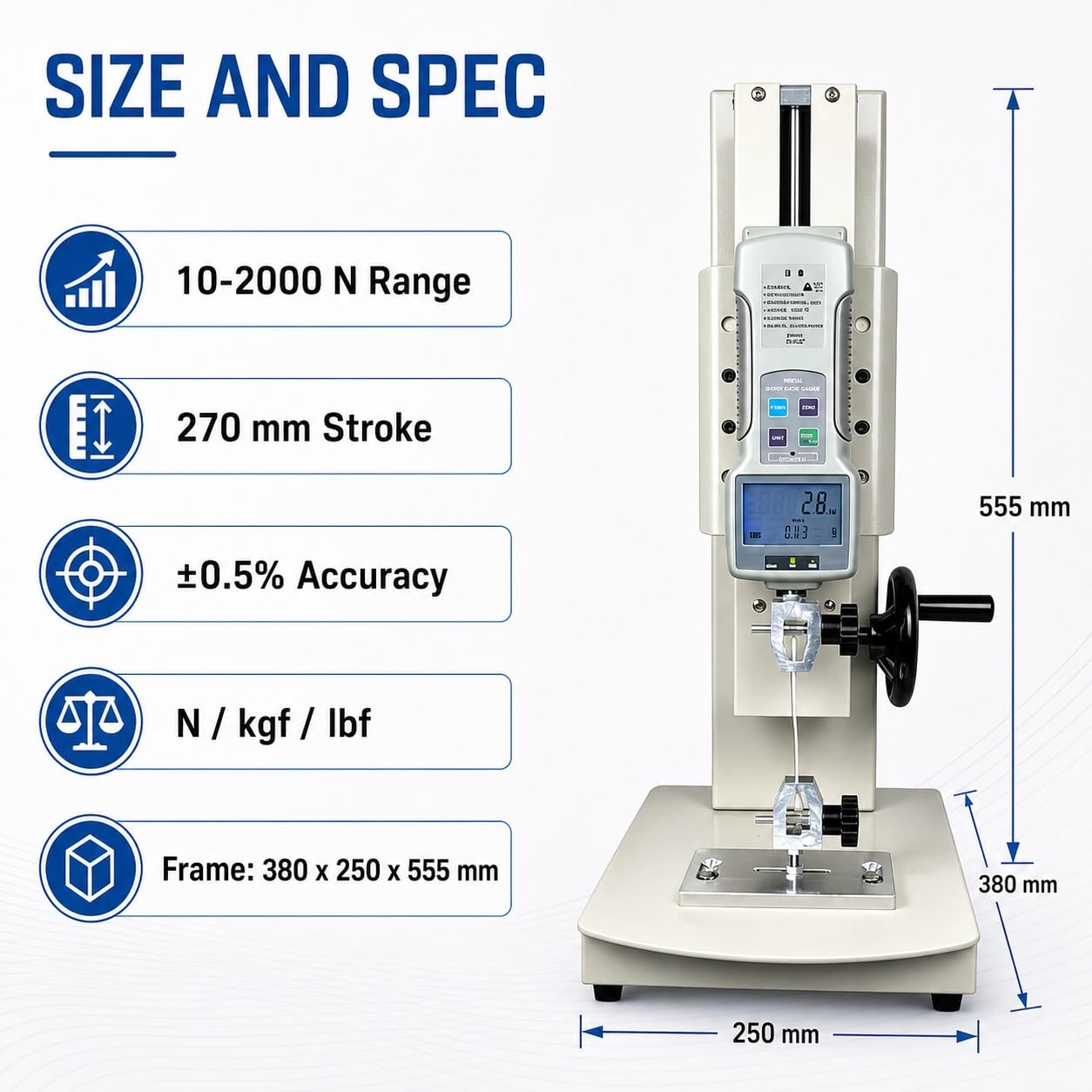 Máquina de Prueba de Tracción Digital con Soporte de Dinamómetro Manual | Estructura de Banco de Metal, Controles de Alambre y Textiles, Tensión y Compresión, Modelos de 10-2000 N(500N/50kg)
