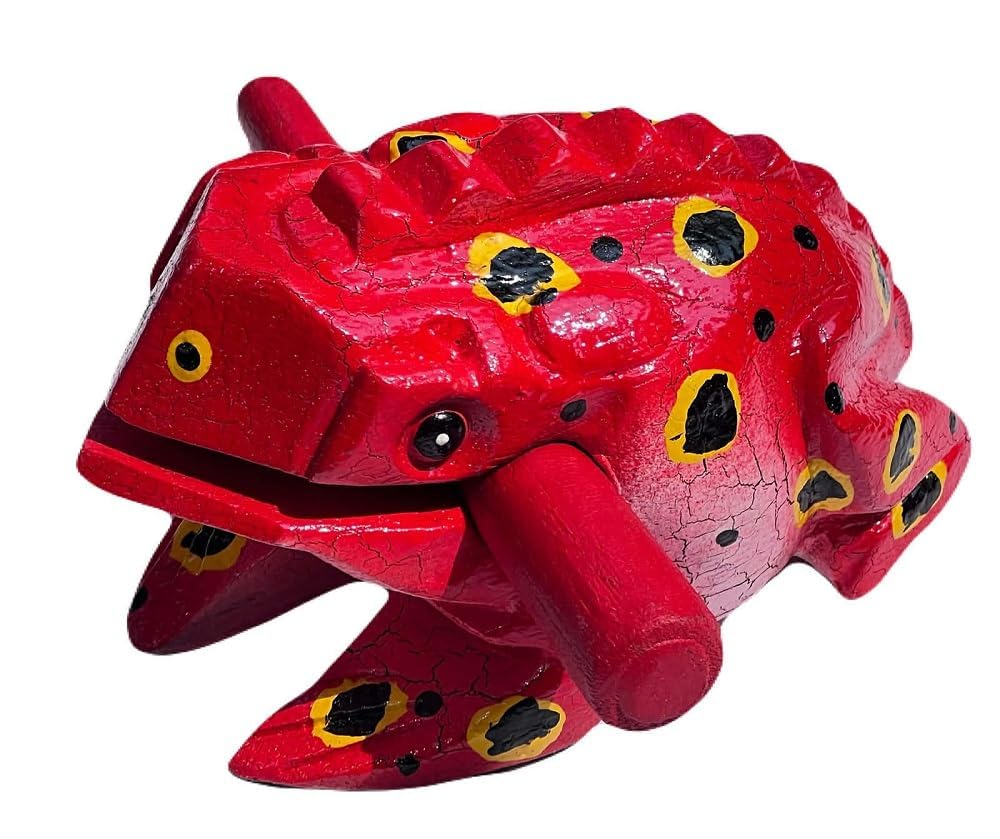 Dunkelbraunes Holz-Frosch-Guiro-Instrument – handgefertigtes thailändisches Schlaginstrument, Schaber für Musikerziehung und Heimdekoration (große Größe 15,2 cm, Rot)