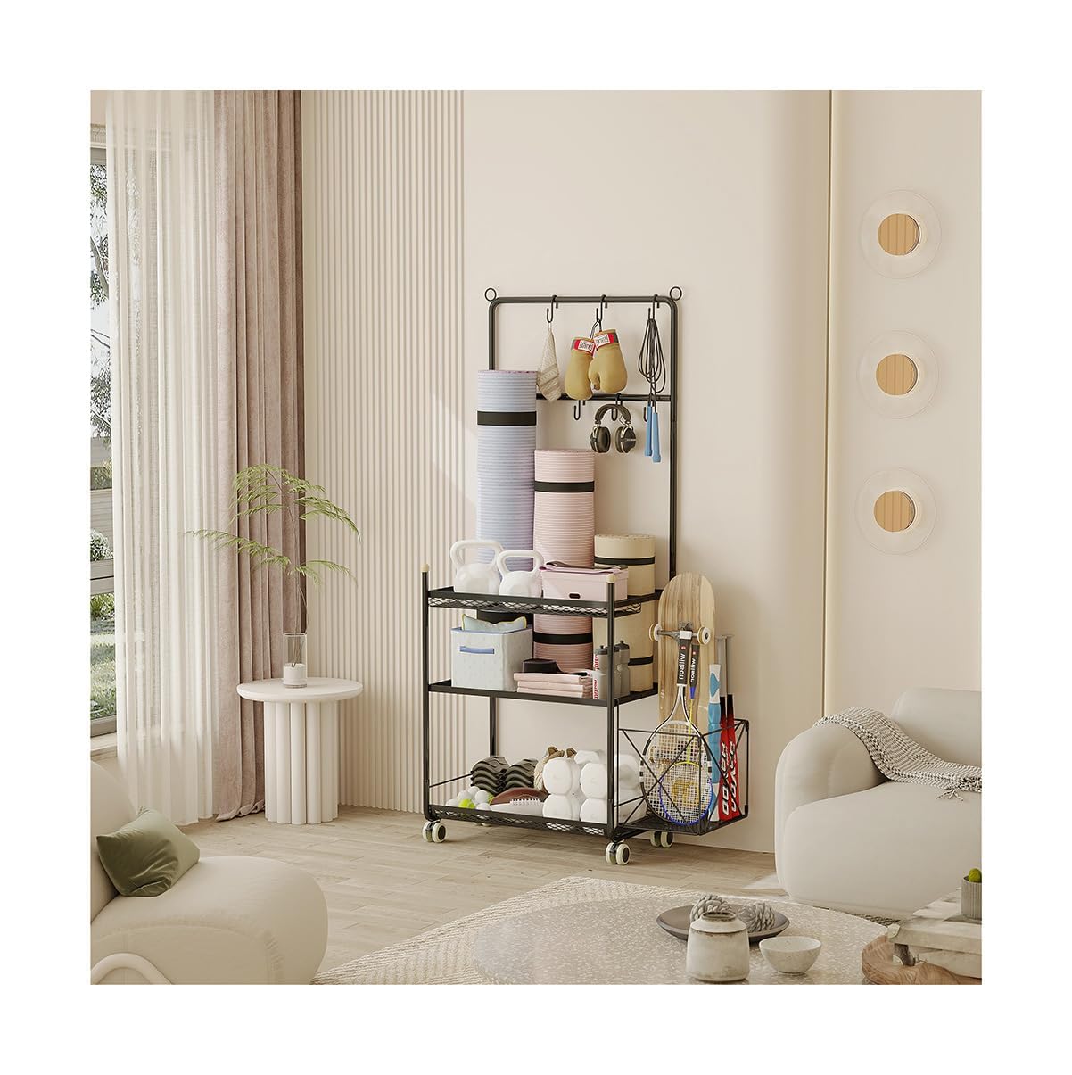 Yoga Mat Storage Racks, Dumbbell Rack, Home Gym Equipment Storage Rack, Powder Coated Finish Steel, Yoga Mat Holder Cart All in One Fitness Stand with Wheels and Hooks, Weight Storage Holder Rack